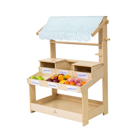 Cypress Wooden Market Stand | Kids Pretend Play Shop with Storage Shelves & Chalkboard Sign
