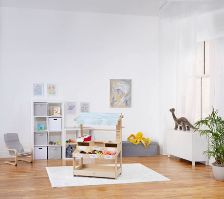 Cypress Wooden Market Stand | Kids Pretend Play Shop with Storage Shelves & Chalkboard Sign