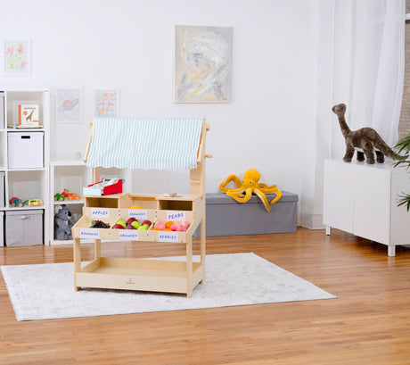 Cypress Wooden Market Stand | Kids Pretend Play Shop with Storage Shelves & Chalkboard Sign