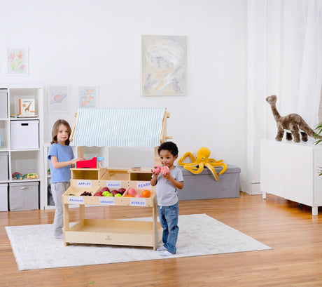 Cypress Wooden Market Stand | Kids Pretend Play Shop with Storage Shelves & Chalkboard Sign