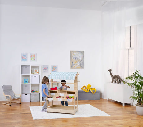 Cypress Wooden Market Stand | Kids Pretend Play Shop with Storage Shelves & Chalkboard Sign