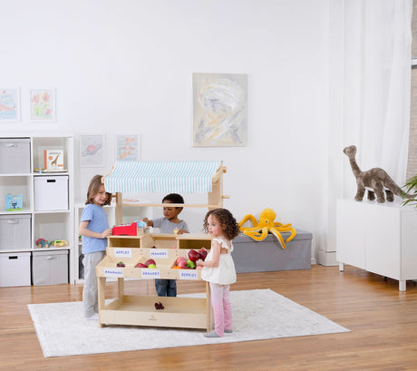 Cypress Wooden Market Stand | Kids Pretend Play Shop with Storage Shelves & Chalkboard Sign