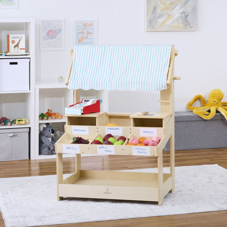 Cypress Wooden Market Stand | Kids Pretend Play Shop with Storage Shelves & Chalkboard Sign