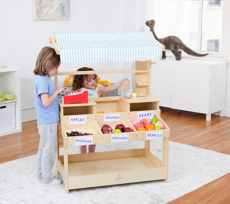 Cypress Wooden Market Stand | Kids Pretend Play Shop with Storage Shelves & Chalkboard Sign