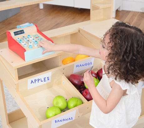 Cypress Wooden Market Stand | Kids Pretend Play Shop with Storage Shelves & Chalkboard Sign