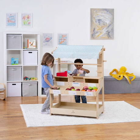 Cypress Wooden Market Stand | Kids Pretend Play Shop with Storage Shelves & Chalkboard Sign