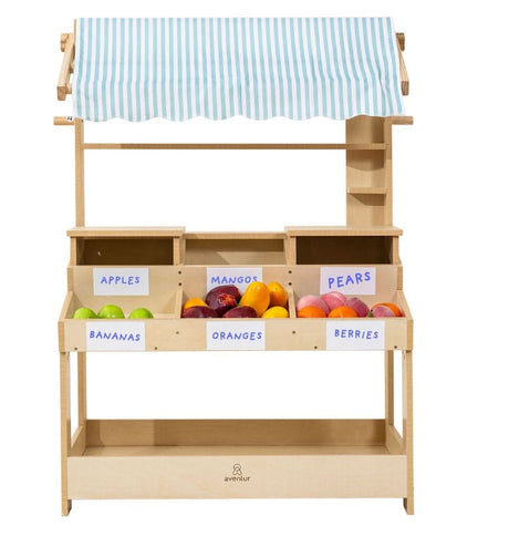 Cypress Wooden Market Stand | Kids Pretend Play Shop with Storage Shelves & Chalkboard Sign