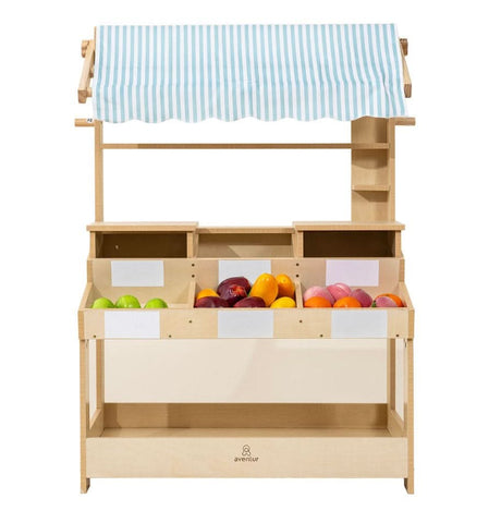 Cypress Wooden Market Stand | Kids Pretend Play Shop with Storage Shelves & Chalkboard Sign