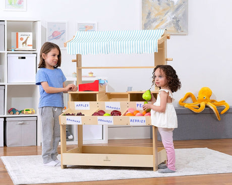 Cypress Wooden Market Stand | Kids Pretend Play Shop with Storage Shelves & Chalkboard Sign