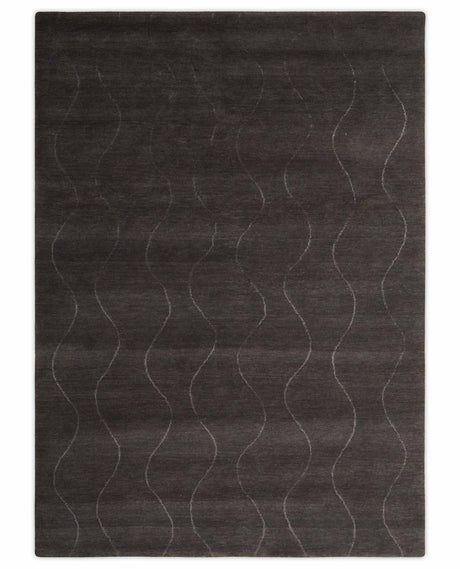 Dark Brown and Ivory Modern Stripes Pattern Hand knotted 5x7 wool and Art Silk Area Rug-Area Rug-Parc Decor