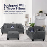 Dark Gray 3 Piece Set Comfy Sofa Couch 3-Seater & Loveseat Sofa with Storage Ottoman for Living Room with USB, Side Pockets, Pillows included