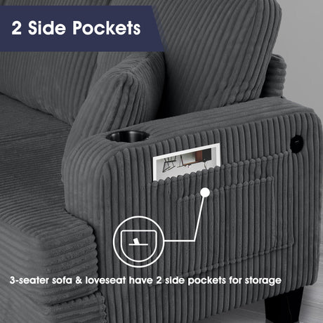 Dark Gray 3 Piece Set Comfy Sofa Couch 3-Seater & Loveseat Sofa with Storage Ottoman for Living Room with USB, Side Pockets, Pillows included