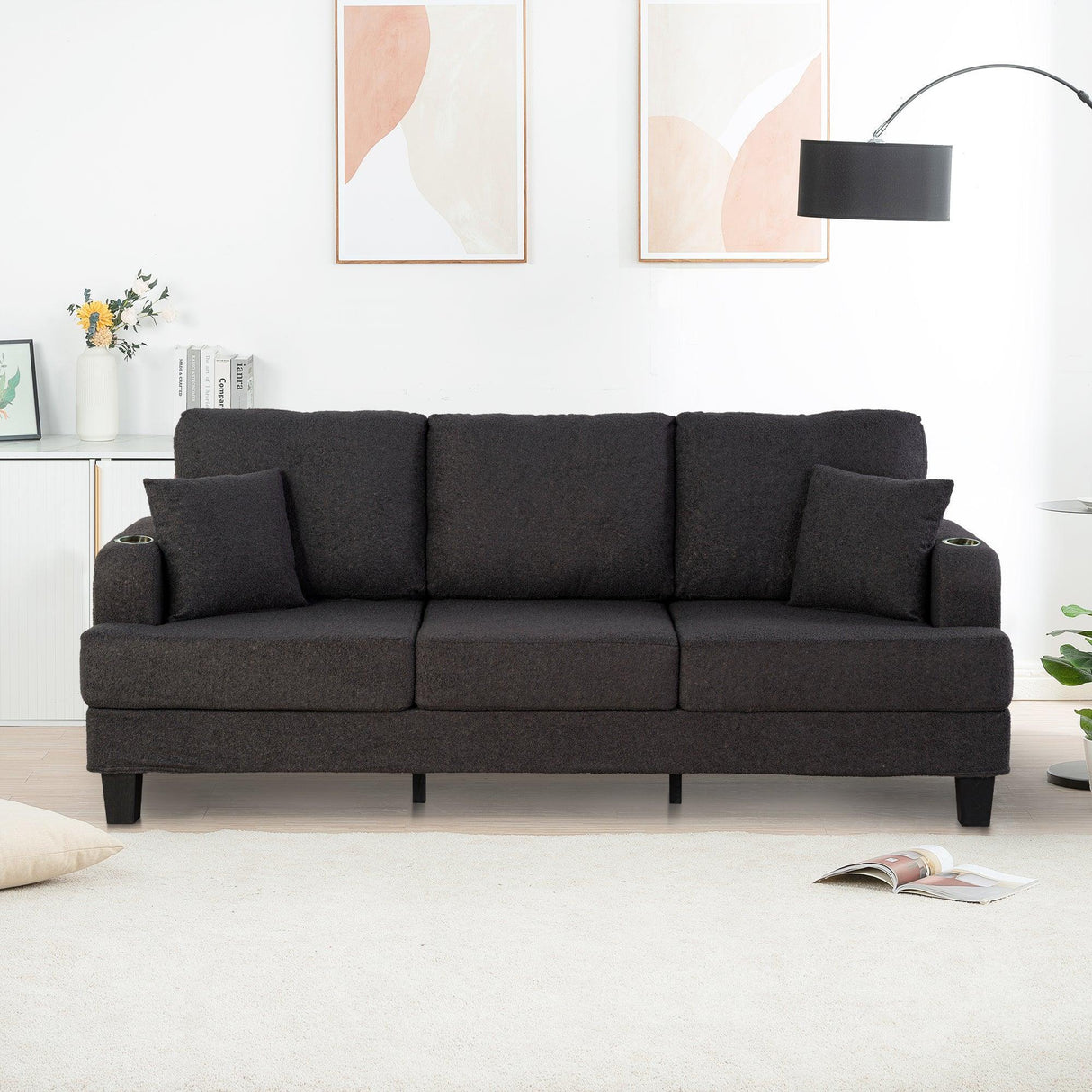 Dark Gray 3-Piece Sofa Set with Storage Ottoman & USB Charging