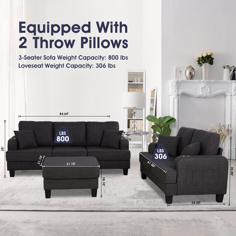 Dark Gray 3-Piece Sofa Set with Storage Ottoman & USB Charging