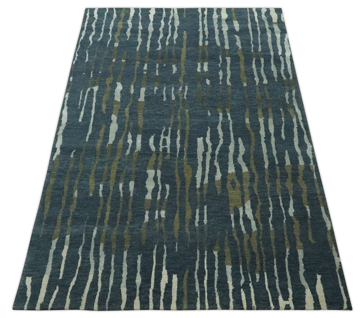 Dark Teal, Olive and Silver Modern Stripes Design Hand loom 5x8 wool and Art Silk Area rug-Area Rug-Parc Decor
