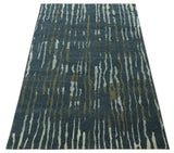 Dark Teal, Olive and Silver Modern Stripes Design Hand loom 5x8 wool and Art Silk Area rug-Area Rug-Parc Decor