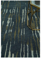 Dark Teal, Olive and Silver Modern Stripes Design Hand loom 5x8 wool and Art Silk Area rug-Area Rug-Parc Decor