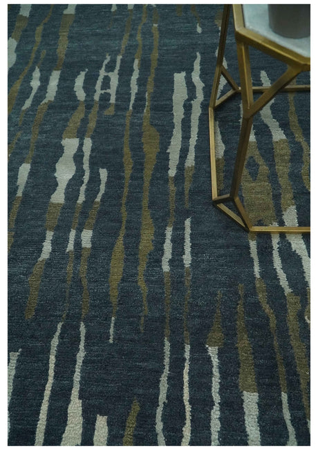 Dark Teal, Olive and Silver Modern Stripes Design Hand loom 5x8 wool and Art Silk Area rug-Area Rug-Parc Decor