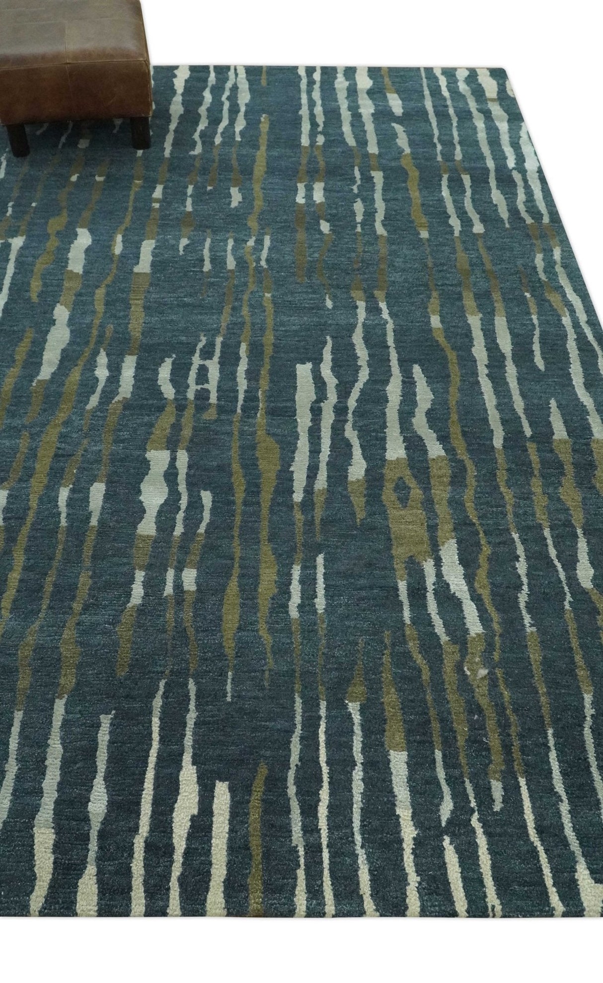 Dark Teal, Olive and Silver Modern Stripes Design Hand loom 5x8 wool and Art Silk Area rug-Area Rug-Parc Decor
