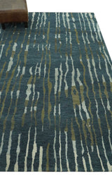 Dark Teal, Olive and Silver Modern Stripes Design Hand loom 5x8 wool and Art Silk Area rug-Area Rug-Parc Decor