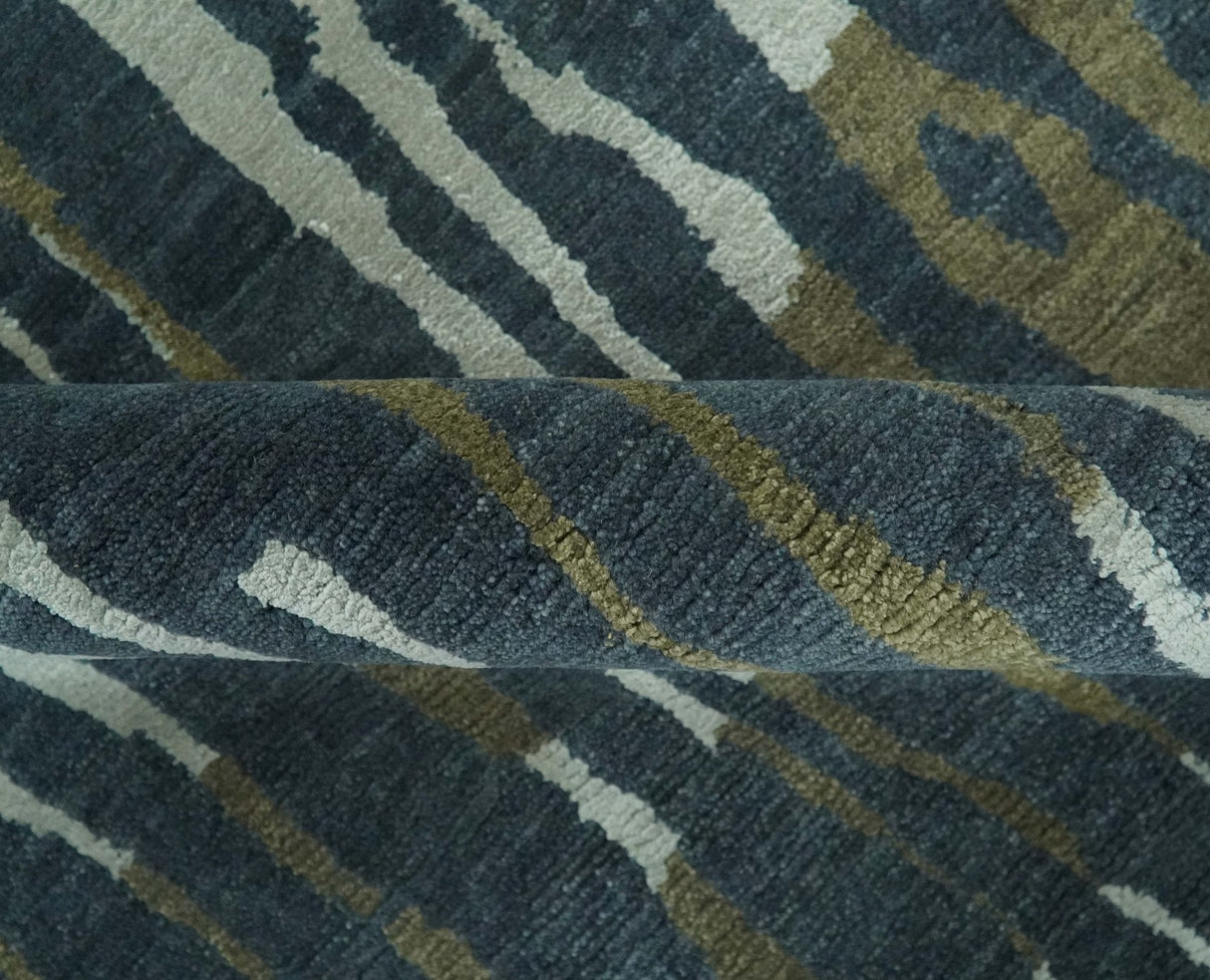 Dark Teal, Olive and Silver Modern Stripes Design Hand loom 5x8 wool and Art Silk Area rug-Area Rug-Parc Decor