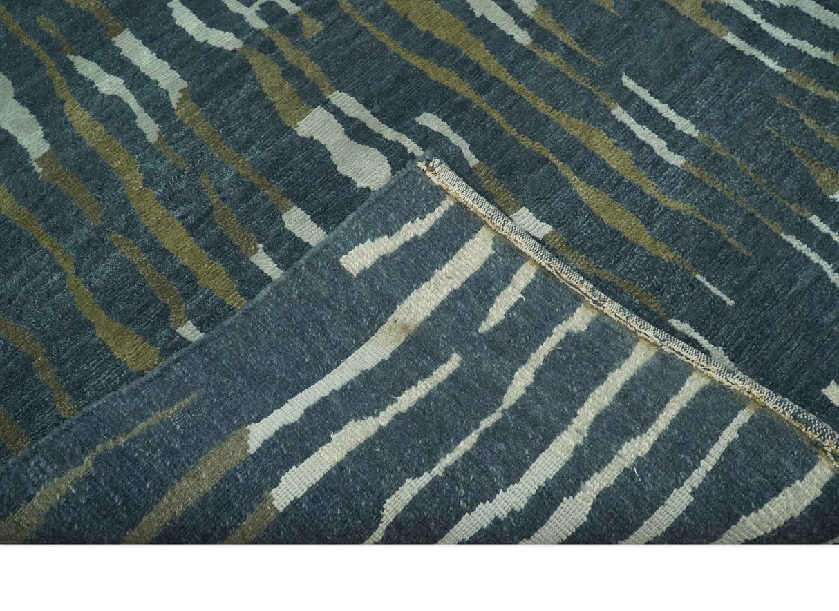Dark Teal, Olive and Silver Modern Stripes Design Hand loom 5x8 wool and Art Silk Area rug-Area Rug-Parc Decor