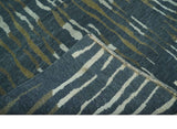 Dark Teal, Olive and Silver Modern Stripes Design Hand loom 5x8 wool and Art Silk Area rug-Area Rug-Parc Decor