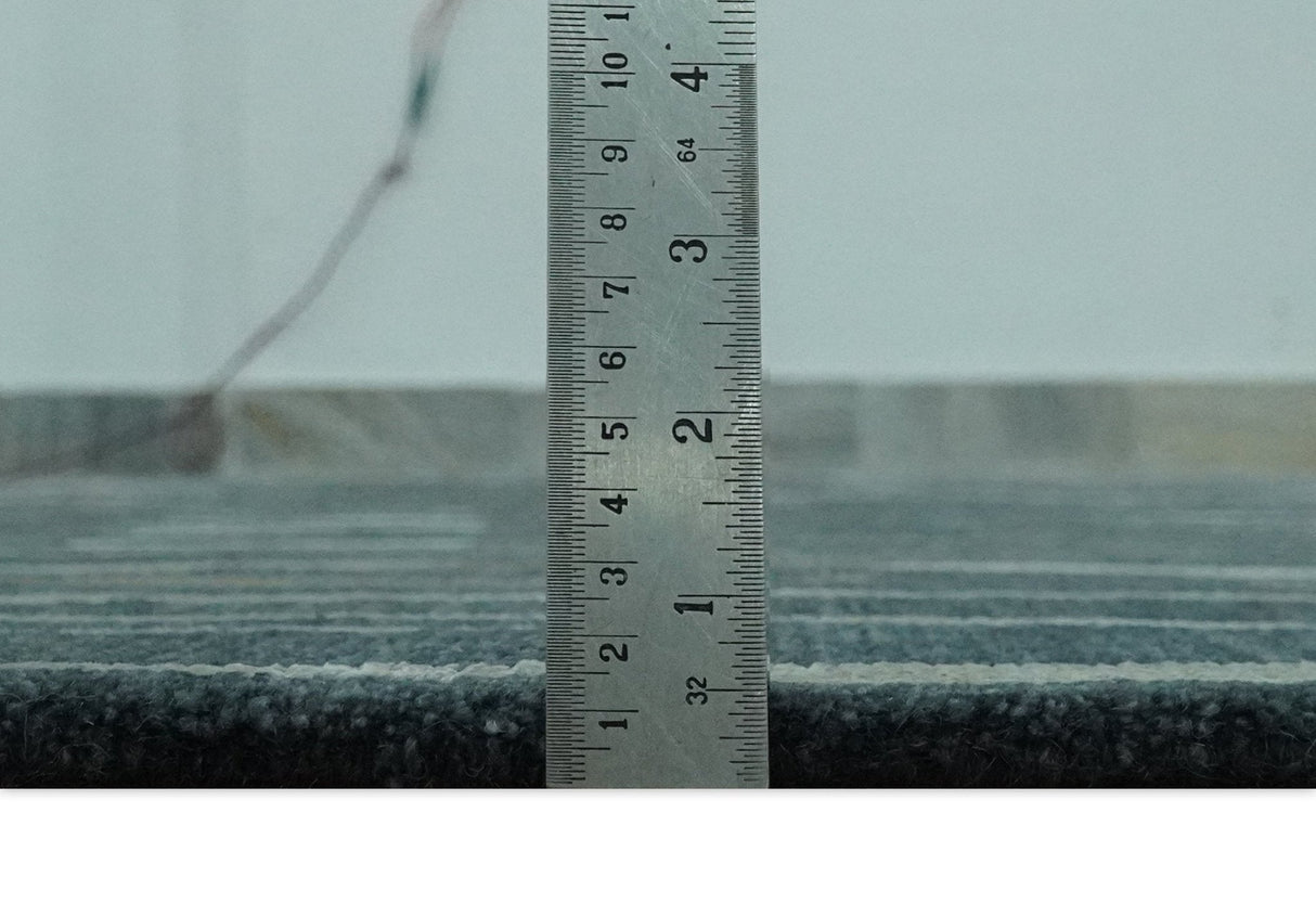 Dark Teal, Olive and Silver Modern Stripes Design Hand loom 5x8 wool and Art Silk Area rug-Area Rug-Parc Decor