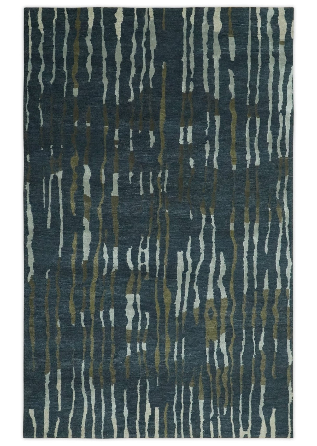 Dark Teal, Olive and Silver Modern Stripes Design Hand loom 5x8 wool and Art Silk Area rug-Area Rug-Parc Decor