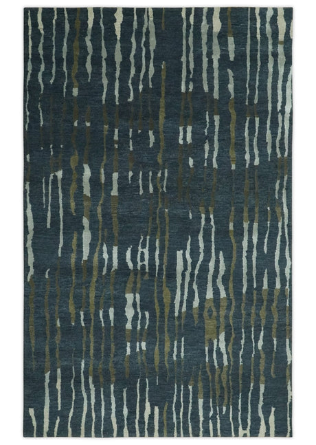 Dark Teal, Olive and Silver Modern Stripes Design Hand loom 5x8 wool and Art Silk Area rug-Area Rug-Parc Decor