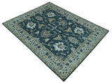 Dark Teal, Silver, Blue and Ivory Hand Knotted Traditional Oushak Multi Size Area Rug