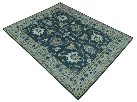 Dark Teal, Silver, Blue and Ivory Hand Knotted Traditional Oushak Multi Size Area Rug