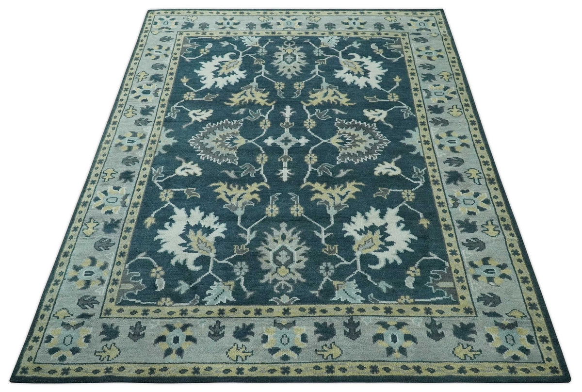 Dark Teal, Silver, Blue and Ivory Hand Knotted Traditional Oushak Multi Size Area Rug