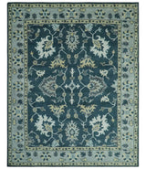 Dark Teal, Silver, Blue and Ivory Hand Knotted Traditional Oushak Multi Size Area Rug