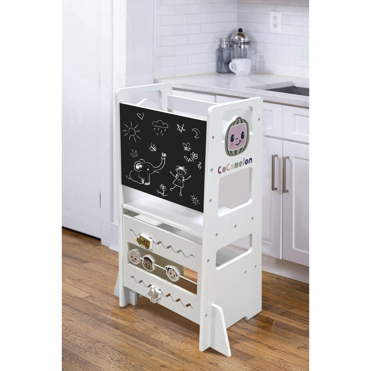 Date CocoMelon 3-in-1 Kitchen Tower for Kids – Step Stool & Chalkboard Learning Helper