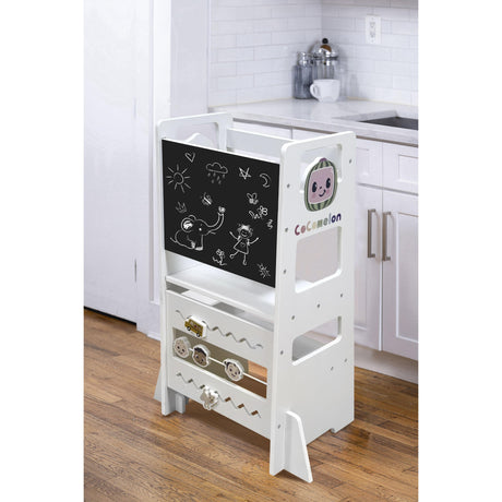 Date CocoMelon 3-in-1 Kitchen Tower for Kids – Step Stool & Chalkboard Learning Helper