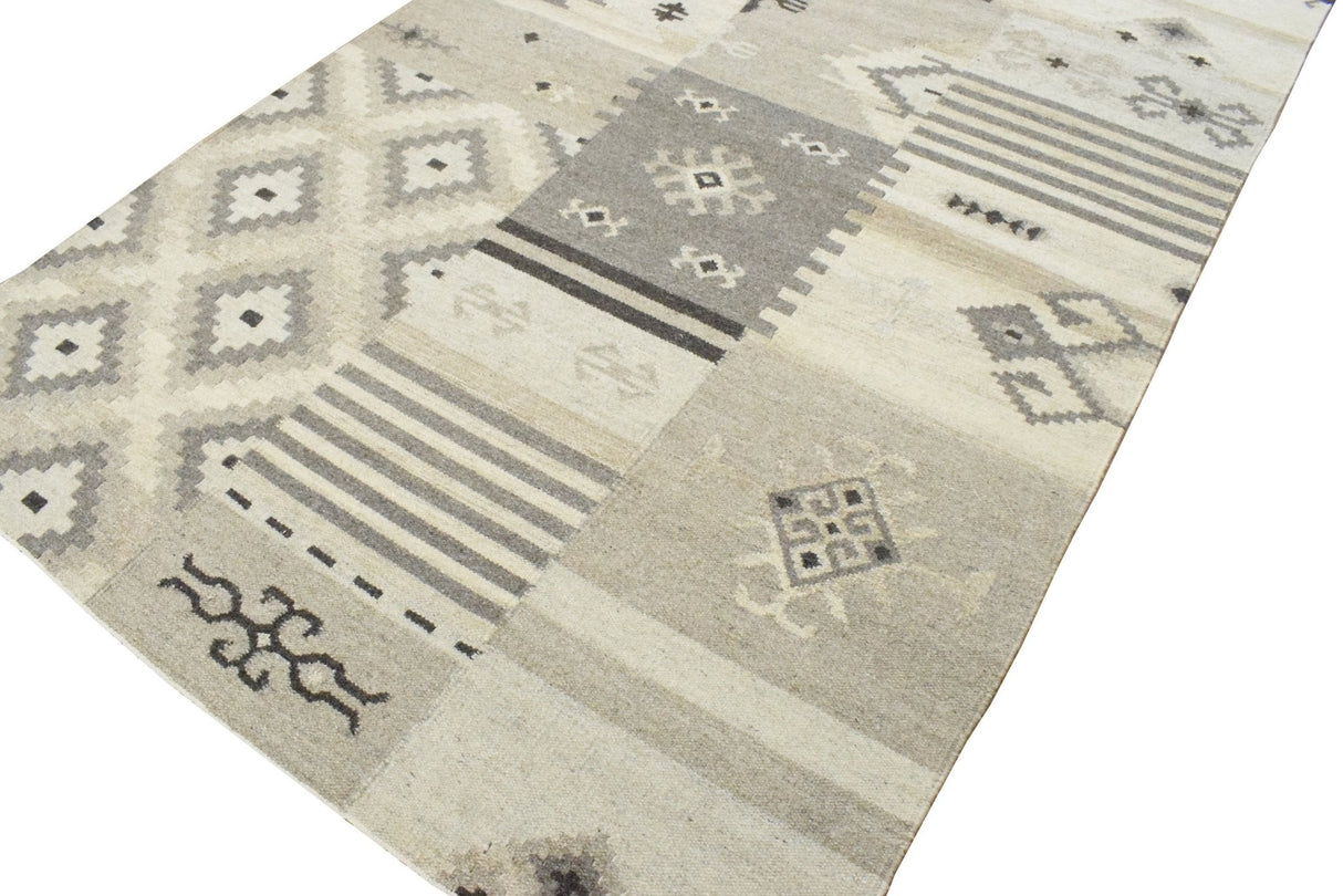 Dhurrie Beige Modern Tribal Pattern Wool Area Rug