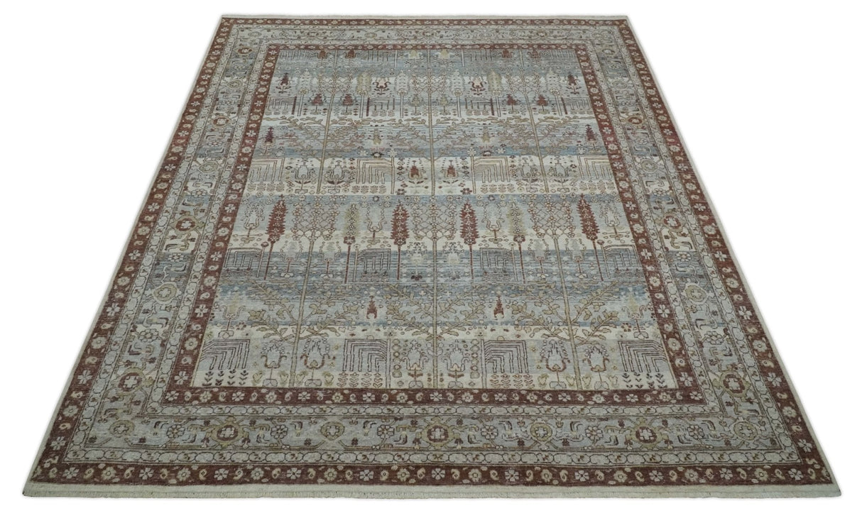 Distress Finish Tree of life Gray, Ivory, Brown and Olive Traditional Floral Hand knotted 8x10 wool Area Rug