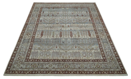 Distress Finish Tree of life Gray, Ivory, Brown and Olive Traditional Floral Hand knotted 8x10 wool Area Rug
