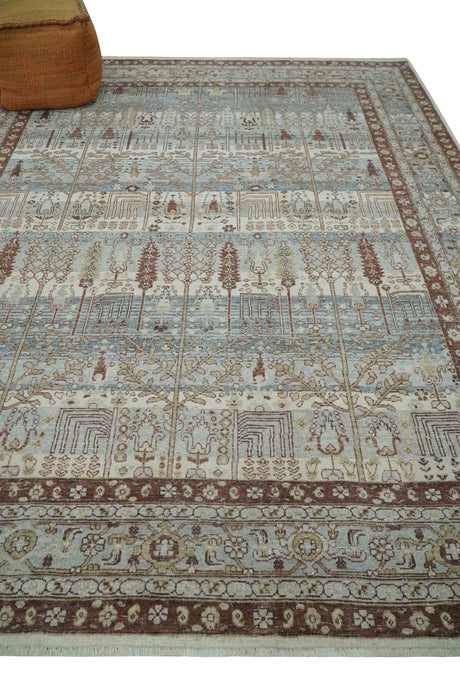 Distress Finish Tree of life Gray, Ivory, Brown and Olive Traditional Floral Hand knotted 8x10 wool Area Rug