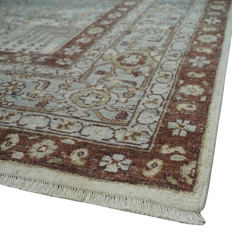 Distress Finish Tree of life Gray, Ivory, Brown and Olive Traditional Floral Hand knotted 8x10 wool Area Rug