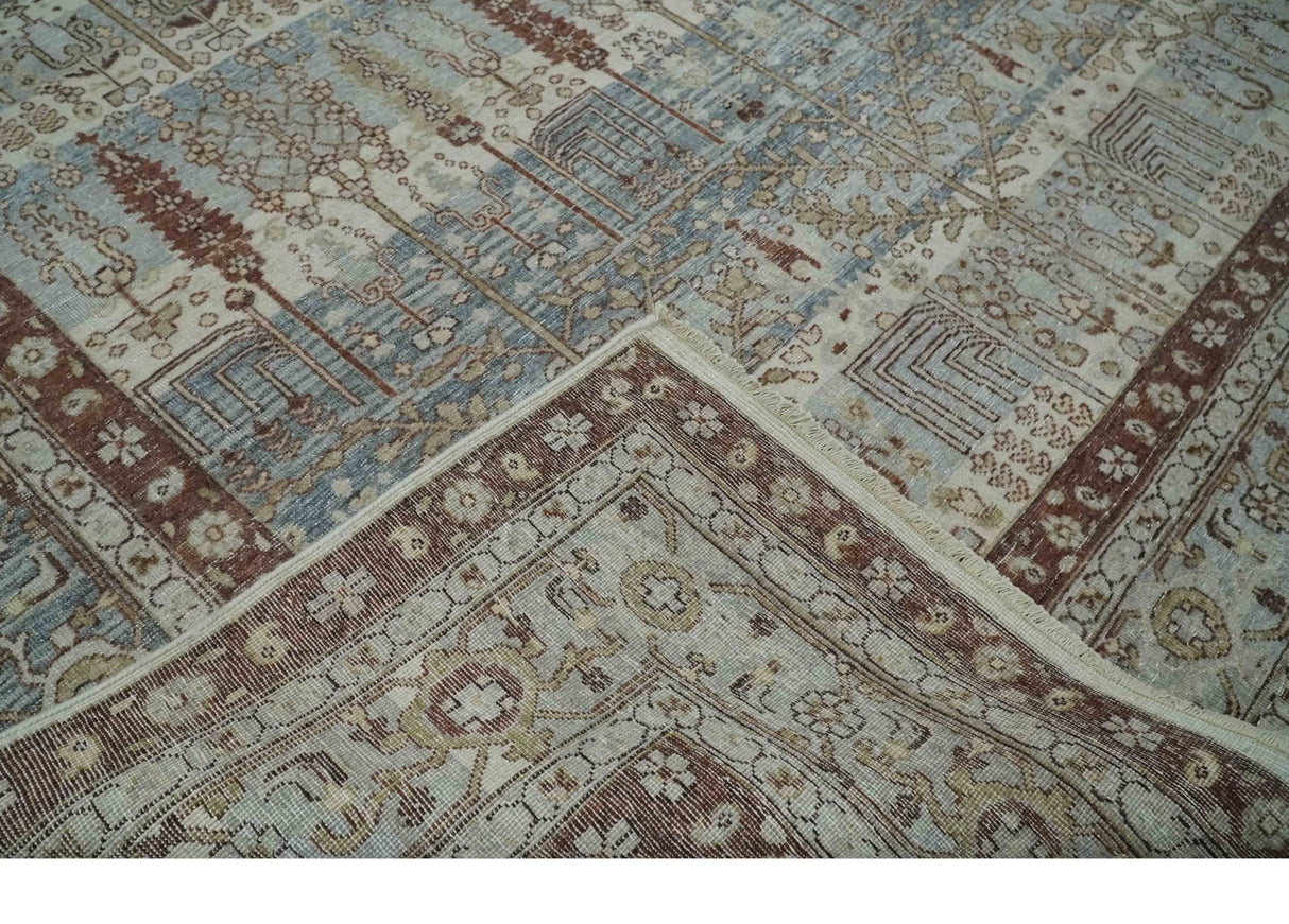 Distress Finish Tree of life Gray, Ivory, Brown and Olive Traditional Floral Hand knotted 8x10 wool Area Rug