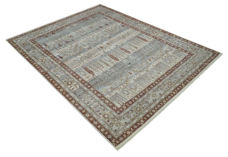 Distress Finish Tree of life Gray, Ivory, Brown and Olive Traditional Floral Hand knotted 8x10 wool Area Rug
