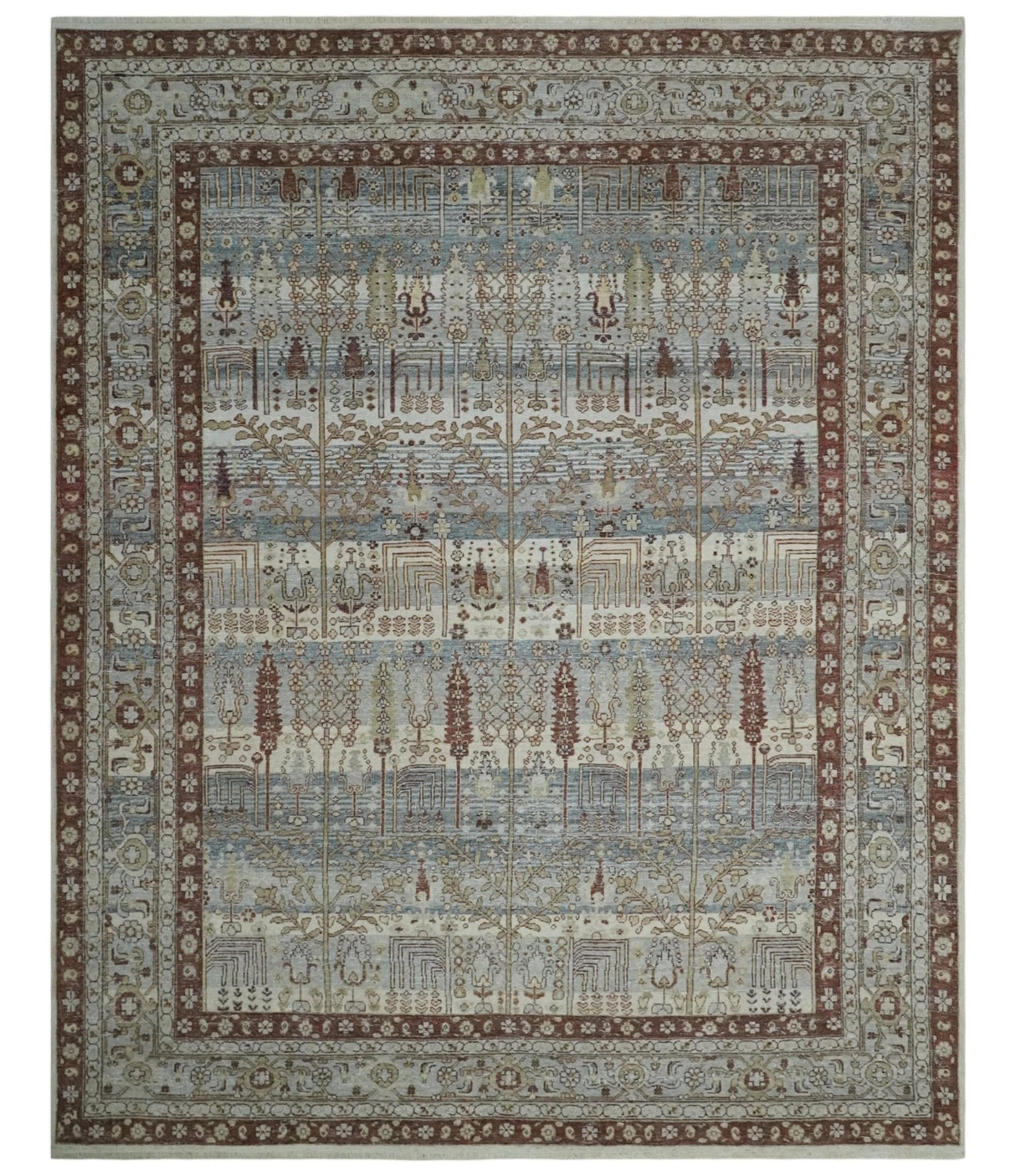 Distress Finish Tree of life Gray, Ivory, Brown and Olive Traditional Floral Hand knotted 8x10 wool Area Rug