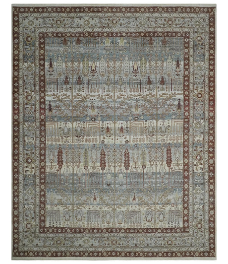 Distress Finish Tree of life Gray, Ivory, Brown and Olive Traditional Floral Hand knotted 8x10 wool Area Rug