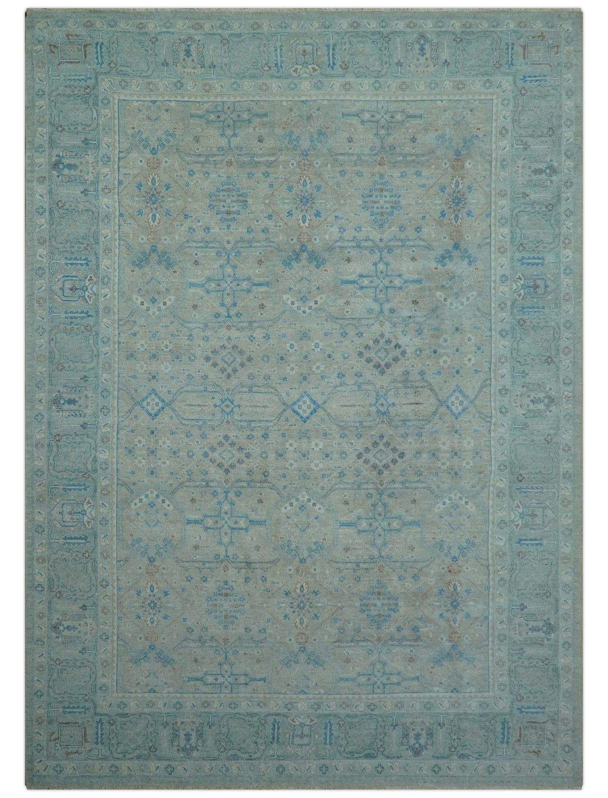 Distressed Design Silver And Beige Hand Knotted 10x14 Wool Area Rug