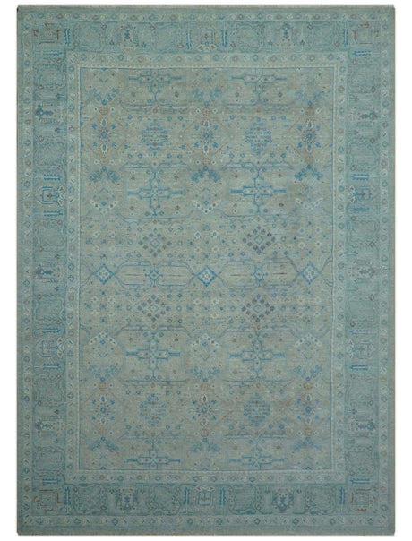 Distressed Design Silver And Beige Hand Knotted 10x14 Wool Area Rug