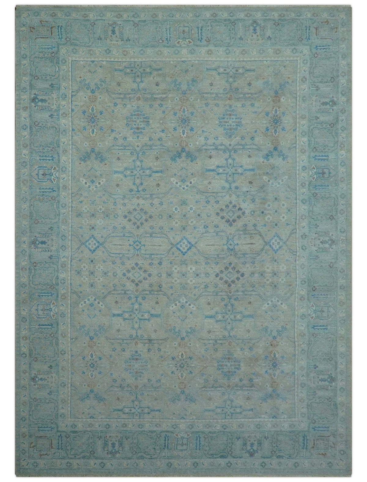 Distressed Design Silver And Beige Hand Knotted 10x14 Wool Area Rug