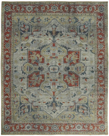 Distressed finished Beige and Brown Traditional Heriz Hand Knotted Wool Area Rug
