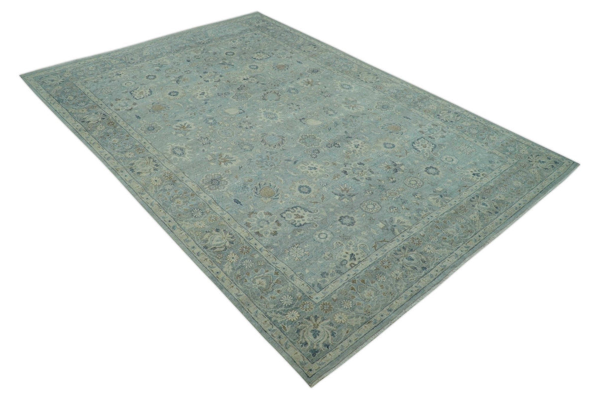 Distressed Hand Knotted Blue And Beige Traditional Design 9x13 Wool Area Rug